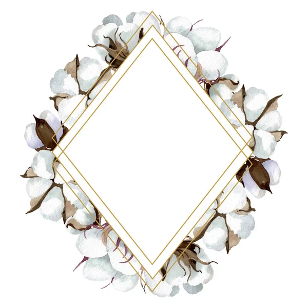 Botanische Blumen aus weißer Baumwolle. Aquarell Hintergrundillustration Set. Rahmen Rand Ornament Quadrat. — Stockfoto