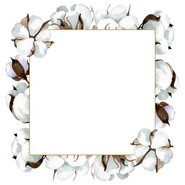 Flores botánicas florales de algodón blanco. Conjunto de ilustración de fondo acuarela. Marco borde ornamento cuadrado . - foto de stock