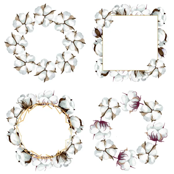 Fiori botanici floreali in cotone bianco. Acquerello sfondo illustrazione set. Quadrato ornamento bordo cornice . — Foto stock