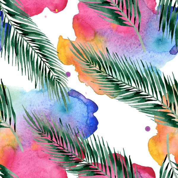 Palm beach tree leaves jungle botanical. Watercolor background illustration set. Seamless background pattern. — Stock Photo