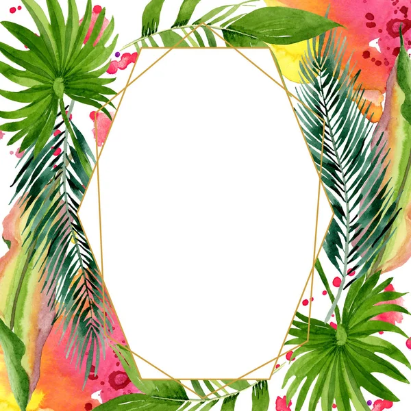 Palm beach tree leaves jungle botanical. Watercolor background illustration set. Frame border ornament square. — Stock Photo