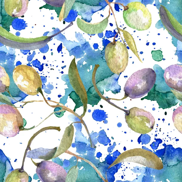 Olivenzweig mit schwarzen und grünen Früchten. Aquarell Hintergrundillustration Set. nahtloses Hintergrundmuster. — Stockfoto