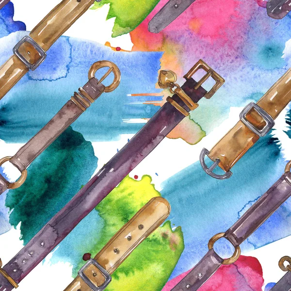Leather belt sketch fashion glamour illustration in a watercolor style. Clothes accessories set. Watercolour drawing fashion aquarelle. Seamless background pattern. Fabric wallpaper print texture. — Stock Photo