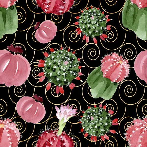 Красно-зеленый набор акварельных иллюстраций кактусов. Бесшовный рисунок фона . — стоковое фото
