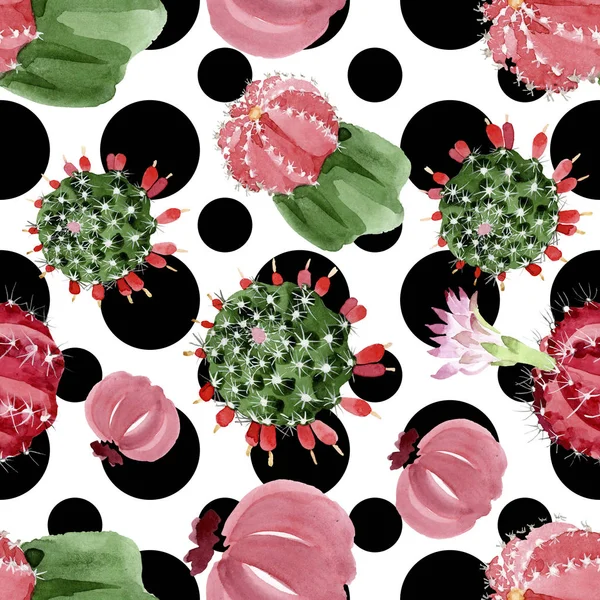 Red and green cacti watercolor illustration set. Seamless background pattern. — Stock Photo