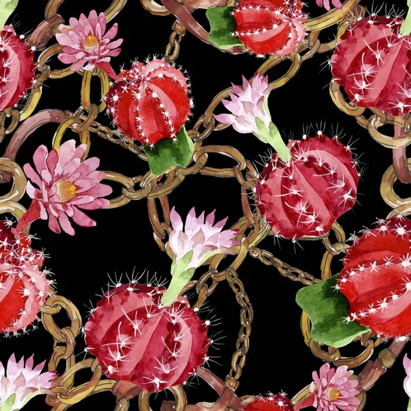 Conjunto de ilustración de acuarela de cactus rojo y verde. Patrón de fondo sin costuras . - foto de stock