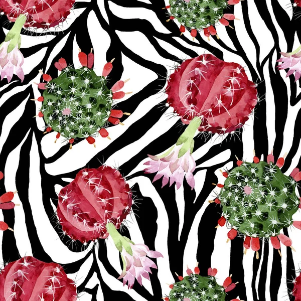 Red and green cacti watercolor illustration set. Seamless background pattern. — Stock Photo