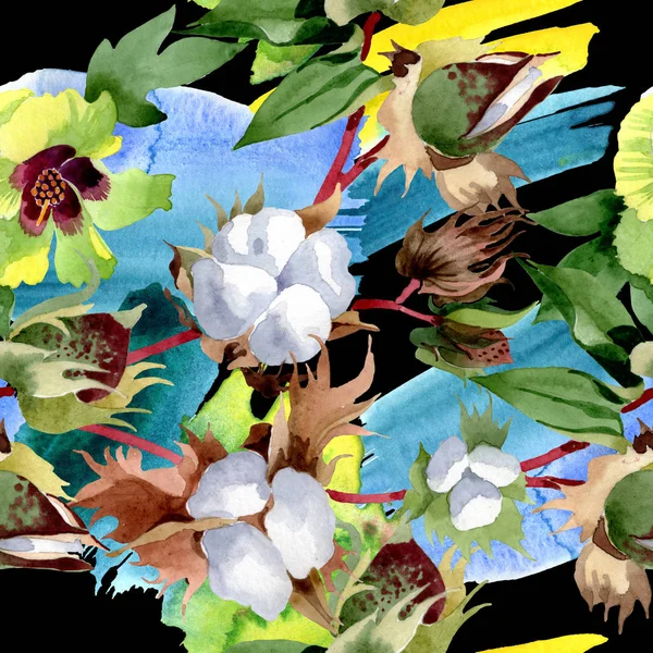 Botanische Baumwollblumen. wilde Frühlingsblume. Aquarell-Illustrationsset vorhanden. Aquarell zeichnen Mode-Aquarell. nahtlose Hintergrundmuster. Stoff Tapete drucken Textur. — Stockfoto
