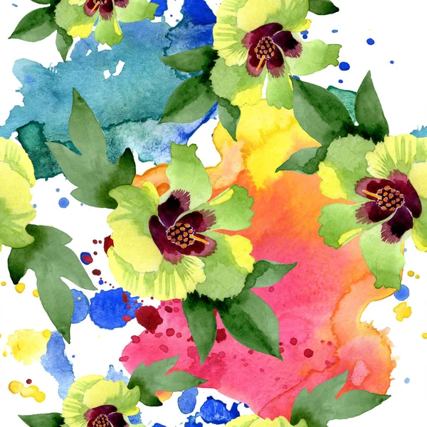 Хлопок цветочные ботанические цветы. Дикий весенний цветок. Набор акварельных рисунков. Акварель для рисования акварелью. Бесшовный рисунок фона. Текстура ткани для печати обоев . — стоковое фото
