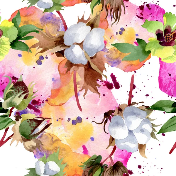 Fleurs botaniques florales en coton. Feuille de printemps sauvage fleur sauvage. Ensemble d'illustration aquarelle. Aquarelle dessin mode aquarelle. Modèle de fond sans couture. Texture d'impression papier peint tissu . — Photo de stock