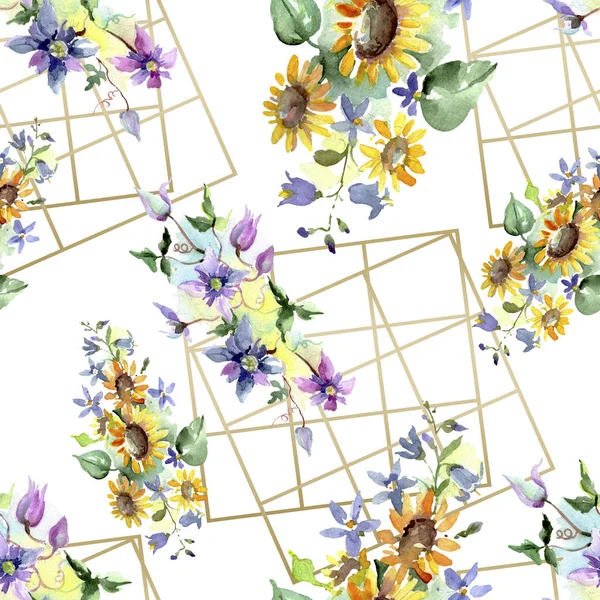 Strauß mit Sonnenblumen botanische Blumen. wilde Frühlingsblume. Aquarell-Illustrationsset vorhanden. Aquarell zeichnen Mode-Aquarell. nahtlose Hintergrundmuster. Stoff Tapete drucken Textur. — Stockfoto