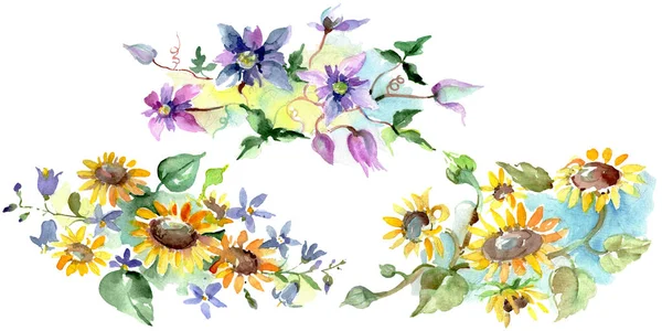 Bouquet con girasoli fiori botanici floreali. Fiordaliso selvatico. Acquerello sfondo illustrazione set. Acquerello disegno moda acquerello. Mazzi isolati elemento illustrazione . — Foto stock