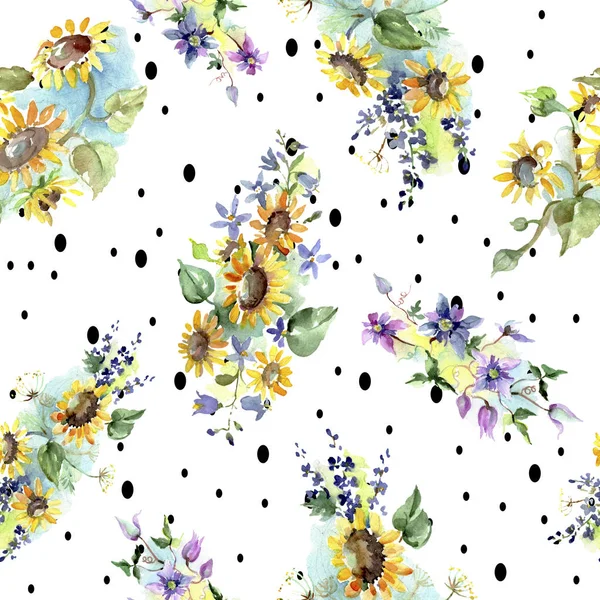 Bouquet with sunflowers botanical flowers. Wild spring leaf wildflower. Watercolor illustration set. Watercolour drawing fashion aquarelle. Seamless background pattern. Fabric wallpaper print texture. — Stock Photo