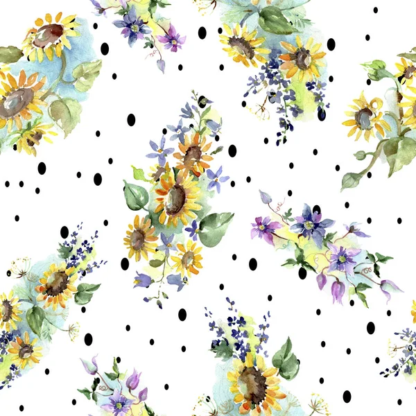 Buquê com girassóis flores botânicas. Folha selvagem da primavera wildflower. Conjunto de ilustrações aquarela. Aquarelle desenho aquarelle moda. Padrão de fundo sem costura. Tecido papel de parede impressão textura . — Fotografia de Stock