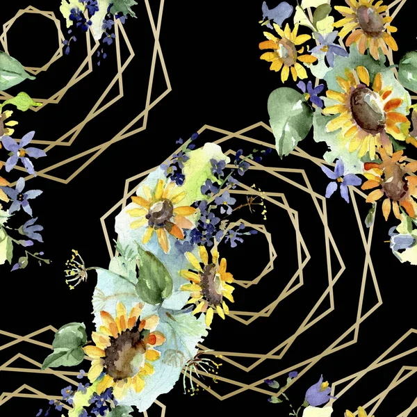 Bouquet con girasoli fiori botanici. Fiordaliso selvatico. Set illustrazione acquerello. Acquerello disegno moda acquerello. Modello di sfondo senza soluzione di continuità. Tessuto carta da parati stampa texture . — Foto stock