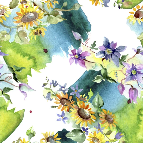 Bouquet con girasoli fiori botanici. Fiordaliso selvatico. Set illustrazione acquerello. Acquerello disegno moda acquerello. Modello di sfondo senza soluzione di continuità. Tessuto carta da parati stampa texture . — Foto stock