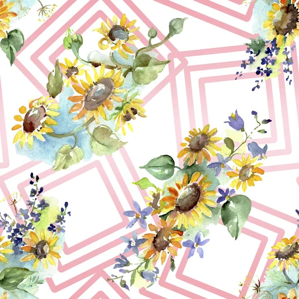 Bouquet with sunflowers botanical flowers. Wild spring leaf wildflower. Watercolor illustration set. Watercolour drawing fashion aquarelle. Seamless background pattern. Fabric wallpaper print texture. — Stock Photo