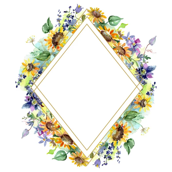 Bouquet with sunflowers floral botanical flowers. Wild spring leaf wildflower isolated. Watercolor background illustration set. Watercolour drawing fashion aquarelle. Frame border ornament square. — Stock Photo