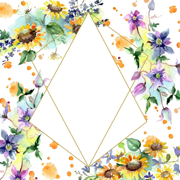 Bouquet with sunflowers floral botanical flowers. Wild spring leaf wildflower. Watercolor background illustration set. Watercolour drawing fashion aquarelle. Frame border crystal ornament square. — Stock Photo