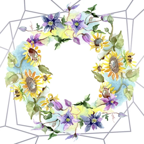Bouquet with sunflowers floral botanical flowers. Wild spring leaf wildflower. Watercolor background illustration set. Watercolour drawing fashion aquarelle. Frame border crystal ornament square. — Stock Photo