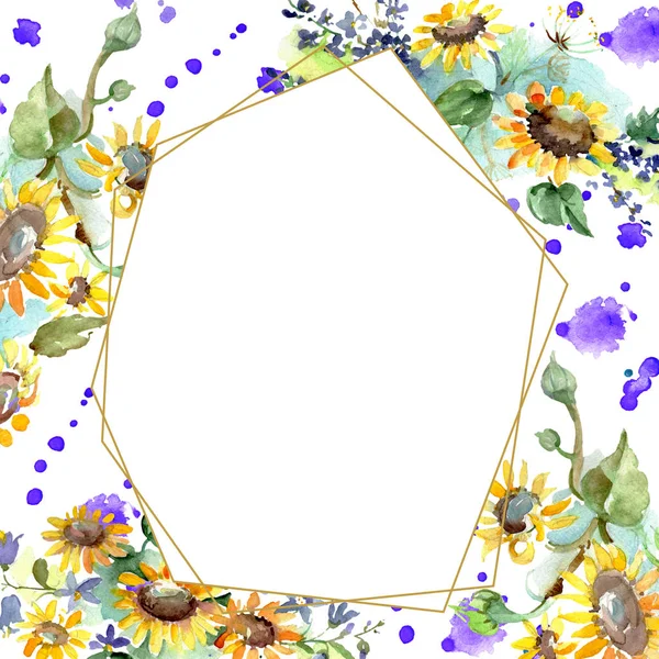 Blumenstrauß mit Sonnenblumen und botanischen Blumen. wilde Frühlingsblume. Aquarell Hintergrundillustration Set. Aquarell zeichnen Mode-Aquarell. Rahmen Rand Kristall Ornament Quadrat. — Stockfoto