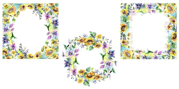 Ramo con girasoles flores botánicas florales. Flor silvestre de hoja de primavera. Conjunto de ilustración de fondo acuarela. Acuarela dibujo moda aquarelle. Marco borde cristal ornamento cuadrado . - foto de stock