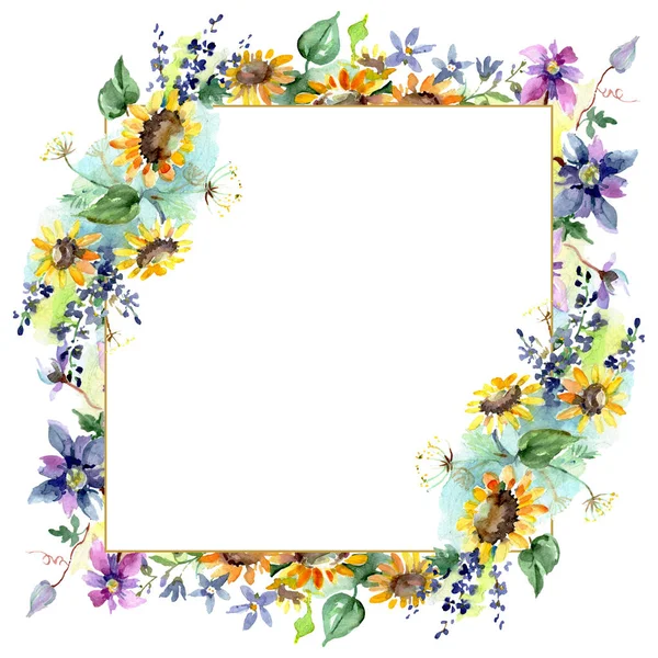 Buquê com girassóis flores botânicas florais. Folha selvagem primavera wildflower isolado. Conjunto de ilustração de fundo aquarela. Aquarelle desenho aquarelle moda. Quadro borda ornamento quadrado . — Fotografia de Stock