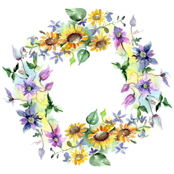 Blumenstrauß mit Sonnenblumen und botanischen Blumen. wildes Frühlingsblatt Wildblume isoliert. Aquarell Hintergrundillustration Set. Aquarell zeichnen Mode-Aquarell. Rahmen Rand Ornament Quadrat. — Stockfoto
