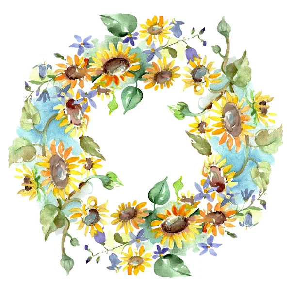Blumenstrauß mit Sonnenblumen und botanischen Blumen. wildes Frühlingsblatt Wildblume isoliert. Aquarell Hintergrundillustration Set. Aquarell zeichnen Mode-Aquarell. Rahmen Rand Ornament Quadrat. — Stockfoto