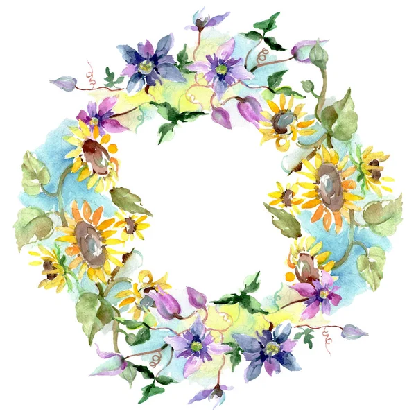 Blumenstrauß mit Sonnenblumen und botanischen Blumen. wildes Frühlingsblatt Wildblume isoliert. Aquarell Hintergrundillustration Set. Aquarell zeichnen Mode-Aquarell. Rahmen Rand Ornament Quadrat. — Stockfoto