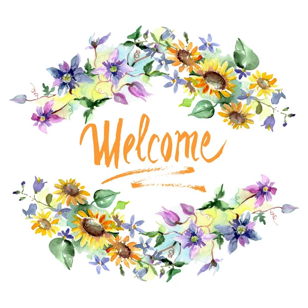 Bouquet with sunflowers floral botanical flowers. Wild spring leaf wildflower isolated. Watercolor background illustration set. Watercolour drawing fashion aquarelle. Frame border ornament square. — Stock Photo