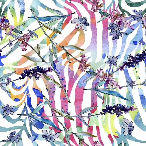 Lavendel blühende botanische Blumen. Aquarell Hintergrundillustration Set. nahtloses Hintergrundmuster. — Stockfoto