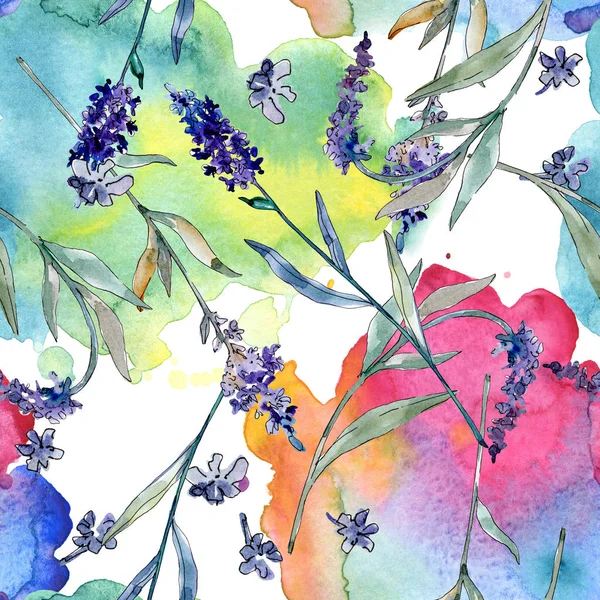 Lavendel blühende botanische Blumen. Aquarell Hintergrundillustration Set. nahtloses Hintergrundmuster. — Stockfoto