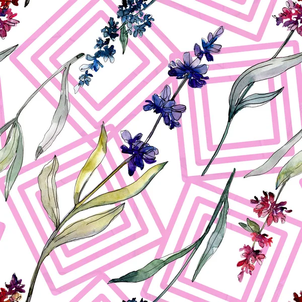Lavendel blühende botanische Blumen. Aquarell Hintergrundillustration Set. nahtloses Hintergrundmuster. — Stockfoto