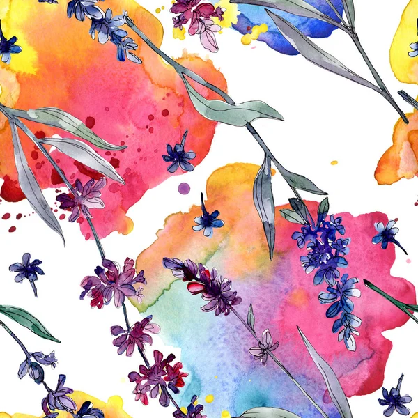 Lavendel blühende botanische Blumen. wilde Frühlingsblume. Aquarell-Illustrationsset vorhanden. Aquarell zeichnen Mode-Aquarell. nahtlose Hintergrundmuster. Stoff Tapete drucken Textur. — Stockfoto