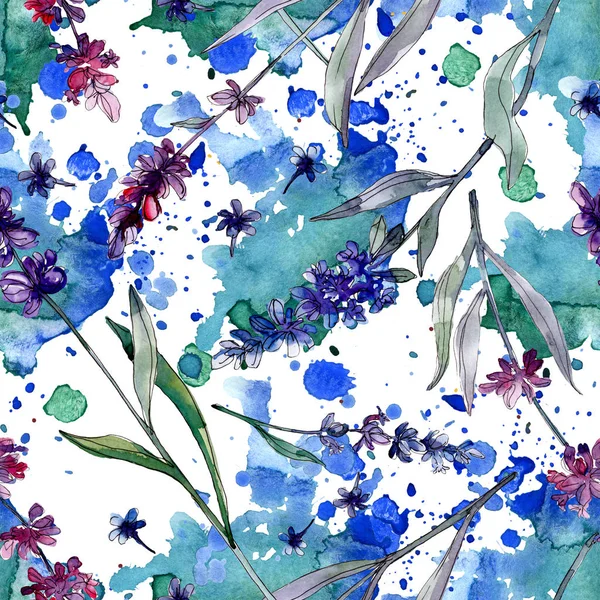 Lavendel blühende botanische Blumen. wilde Frühlingsblume. Aquarell-Illustrationsset vorhanden. Aquarell zeichnen Mode-Aquarell. nahtlose Hintergrundmuster. Stoff Tapete drucken Textur. — Stockfoto