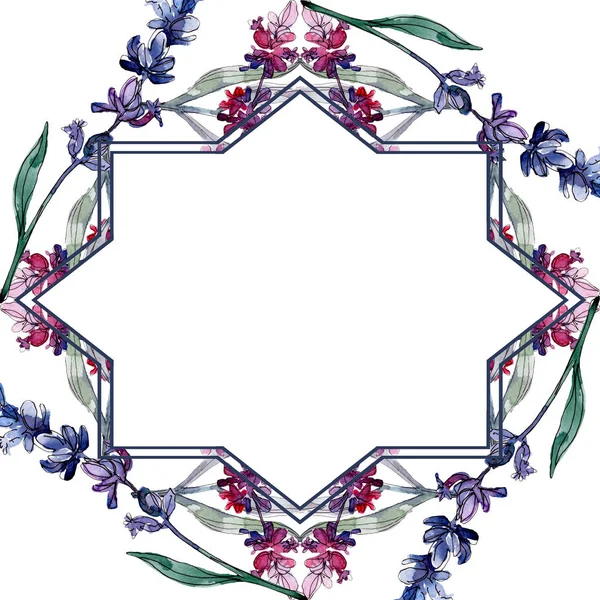 Fiori botanici floreali di lavanda. Fiore selvatico primaverile isolato. Acquerello sfondo illustrazione set. Acquerello disegno moda acquerello isolato. Quadrato ornamento bordo cornice . — Foto stock