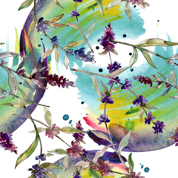 Lila Lavendel blühende botanische Blumen. wilde Frühlingsblume. Aquarell-Illustrationsset vorhanden. Aquarell zeichnen Mode-Aquarell. nahtlose Hintergrundmuster. Stoff Tapete drucken Textur. — Stockfoto