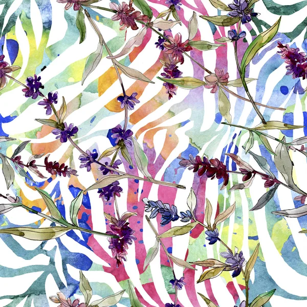 Flores botânicas florais de lavanda roxa. Folha selvagem da primavera wildflower. Conjunto de ilustrações aquarela. Aquarelle desenho aquarelle moda. Padrão de fundo sem costura. Tecido papel de parede impressão textura . — Fotografia de Stock