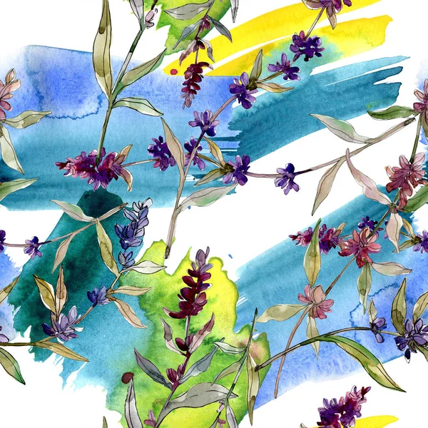 Lila Lavendel blühende botanische Blumen. wilde Frühlingsblume. Aquarell-Illustrationsset vorhanden. Aquarell zeichnen Mode-Aquarell. nahtlose Hintergrundmuster. Stoff Tapete drucken Textur. — Stockfoto