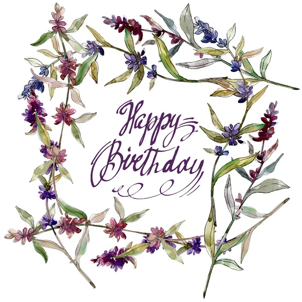 Fiori botanici floreali viola lavanda. Fiore selvatico primaverile isolato. Acquerello sfondo illustrazione set. Acquerello disegno moda acquerello isolato. Quadrato ornamento bordo cornice . — Foto stock