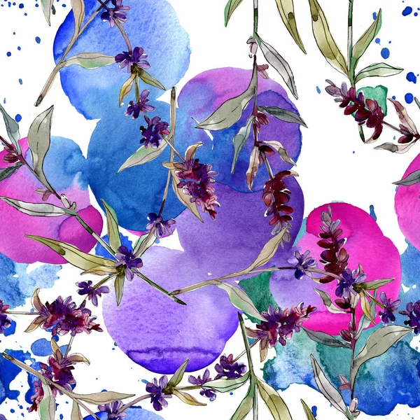 Lila Lavendel blühende botanische Blumen. wilde Frühlingsblume. Aquarell-Illustrationsset vorhanden. Aquarell zeichnen Mode-Aquarell. nahtlose Hintergrundmuster. Stoff Tapete drucken Textur. — Stockfoto