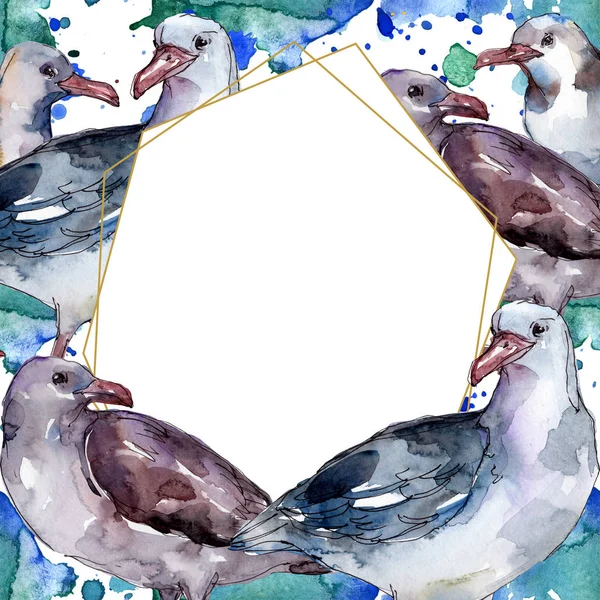 Himmelsvogel Möwe in einer Tierwelt isoliert. Wilde Freiheit, Vogel mit fliegenden Flügeln. Aquarell Hintergrundillustration Set. Aquarell zeichnen Mode-Aquarell. Rahmen Rand Ornament Quadrat. — Stockfoto