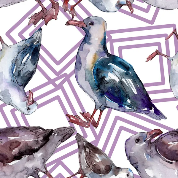 Sky bird seagull in a wildlife. Wild freedom, bird with a flying wings. Watercolor illustration set. Watercolour drawing fashion aquarelle. Seamless background pattern. Fabric wallpaper print texture. — Stock Photo