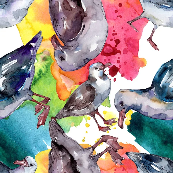 Sky bird seagull in a wildlife. Wild freedom, bird with a flying wings. Watercolor illustration set. Watercolour drawing fashion aquarelle. Seamless background pattern. Fabric wallpaper print texture. — Stock Photo