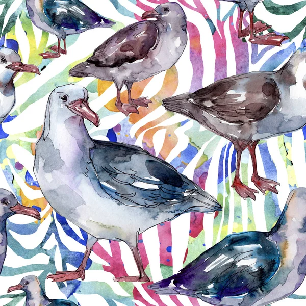 Ciel oiseau mouette dans une faune sauvage. Liberté sauvage, oiseau aux ailes volantes. Ensemble d'illustration aquarelle. Aquarelle dessin mode aquarelle. Modèle de fond sans couture. Texture d'impression papier peint tissu . — Photo de stock