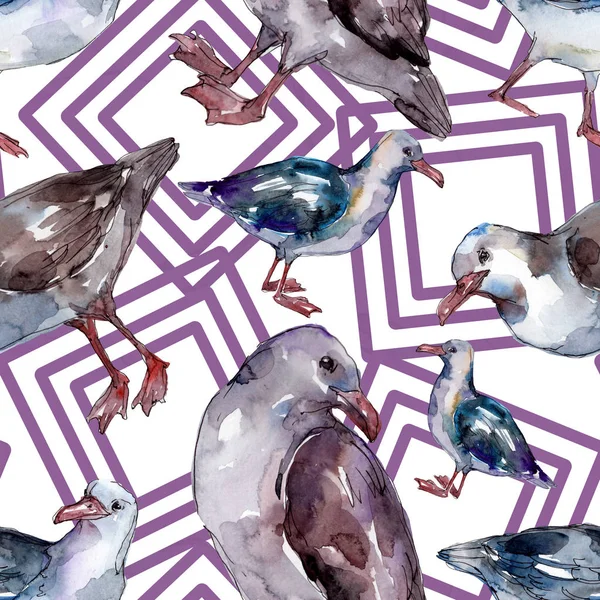 Sky bird seagull in a wildlife. Wild freedom, bird with a flying wings. Watercolor illustration set. Watercolour drawing fashion aquarelle. Seamless background pattern. Fabric wallpaper print texture. — Stock Photo