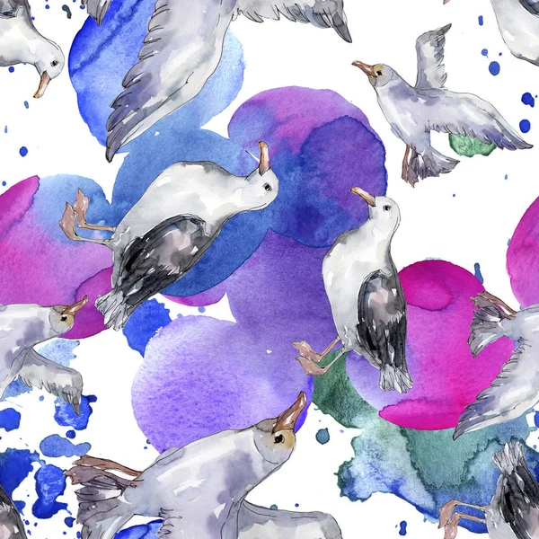 Sky bird seagull in a wildlife. Wild freedom, bird with a flying wings. Watercolor illustration set. Watercolour drawing fashion aquarelle. Seamless background pattern. Fabric wallpaper print texture. — Stock Photo