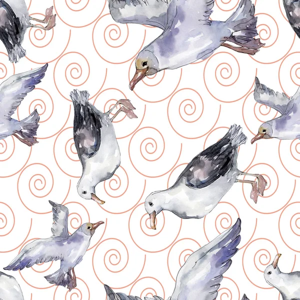 Sky bird seagull in a wildlife. Wild freedom, bird with a flying wings. Watercolor illustration set. Watercolour drawing fashion aquarelle. Seamless background pattern. Fabric wallpaper print texture. — Stock Photo