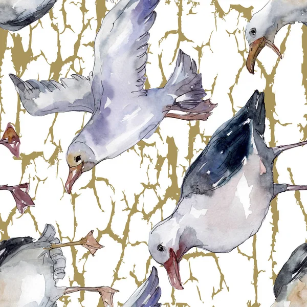 Sky bird seagull in a wildlife. Wild freedom, bird with a flying wings. Watercolor illustration set. Watercolour drawing fashion aquarelle. Seamless background pattern. Fabric wallpaper print texture. — Stock Photo